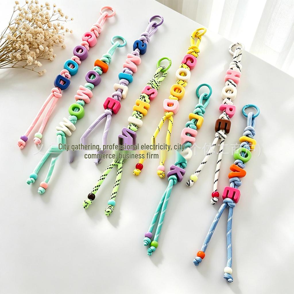 Miu Style Colorful Letter Bead Bag Charm - Dopamine Acrylic with Woven Rope