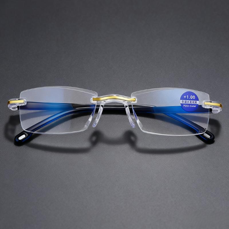 Fashionable High-Definition Anti-Blue Light Presbyopia Glasses Square Rimless Bevel-Edge Reading Glasses for Men and Women