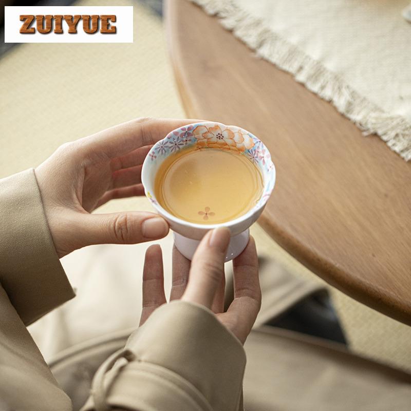 70ml Hand Drawn Flower Pink Beige High Foot Teacup Vintage Tea Bowl Cute Cup Tea-tasting Personal Cup Jianzhan Master Cups Craft
