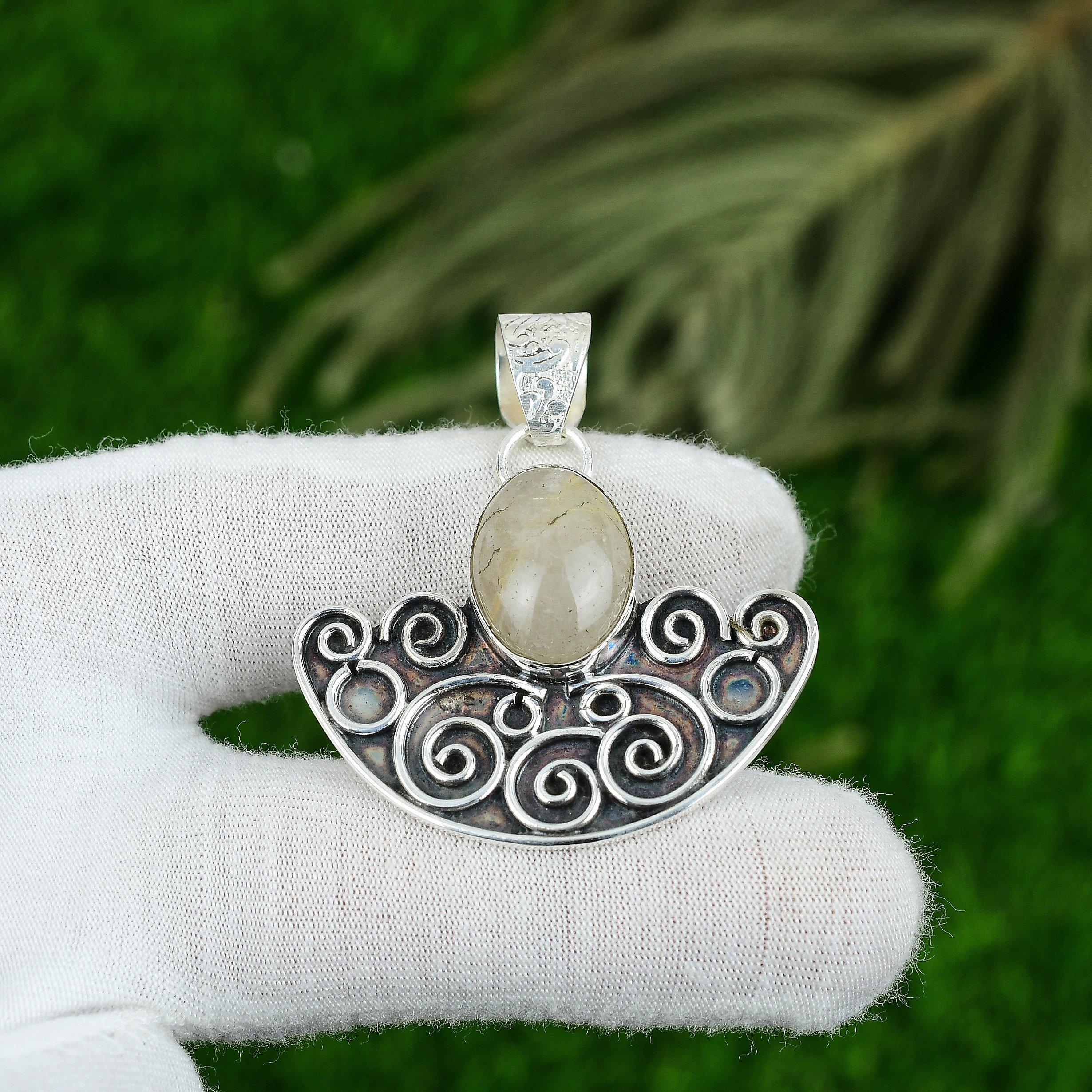 925 Sterling Silver Oval Golden Rutile Gemstone Bezel Wedding Birthday Pendant