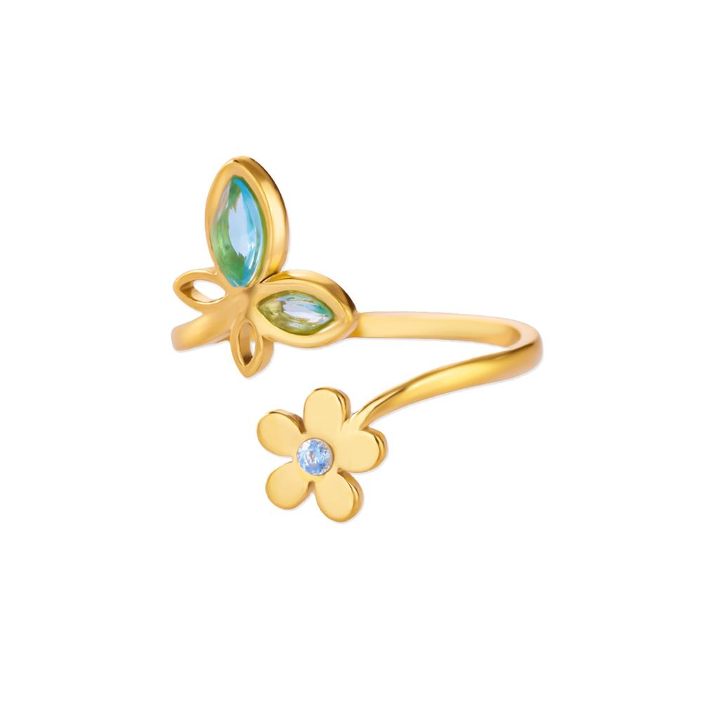 Elegant Zircon Flower Butterfly Rings For Women Gold Stainless Steel Flower Adjustable Ring Wedding Christmas Jewelry Gift