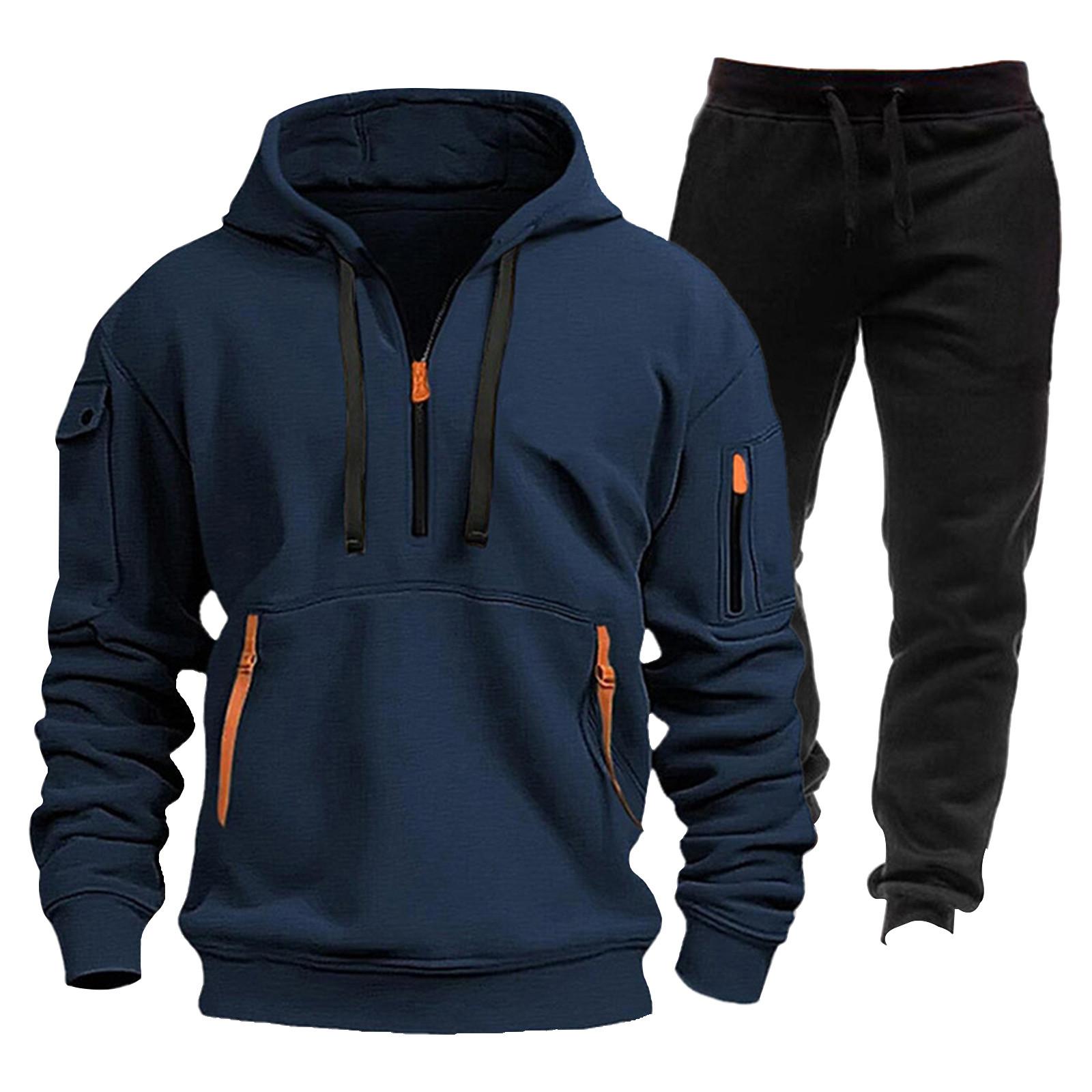 

Men s Winter Fleece Multi-pocket Zipper Sweatshirt Suit Personalized Casual Hoodie Suit XXXL тёмно-синий