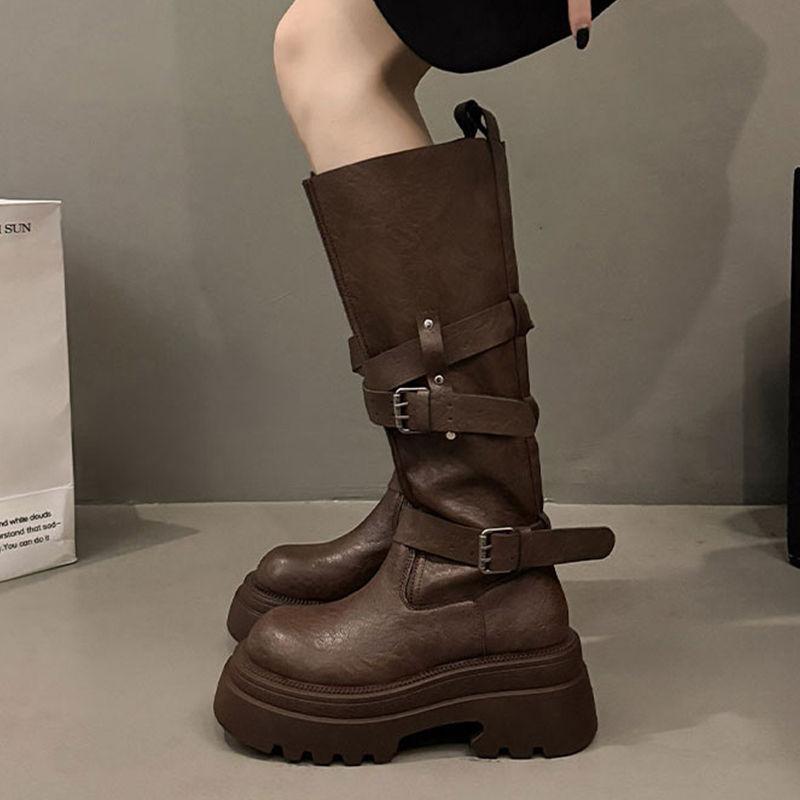 Stövel med tjocksula och bältesspänne, lokomotiv, höstnyhet, superheta, retro, mångsidiga, riddarstövlar med höjd, mångsidiga