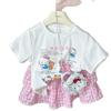 2025 Korean Style Girls' Trendy Plaid Two-Piece Set with Cartoon Short Sleeves