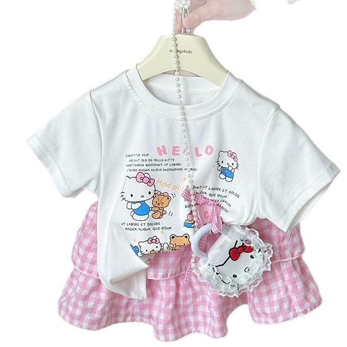 2025 Korean Style Girls' Trendy Plaid Two-Piece Set with Cartoon Short Sleeves