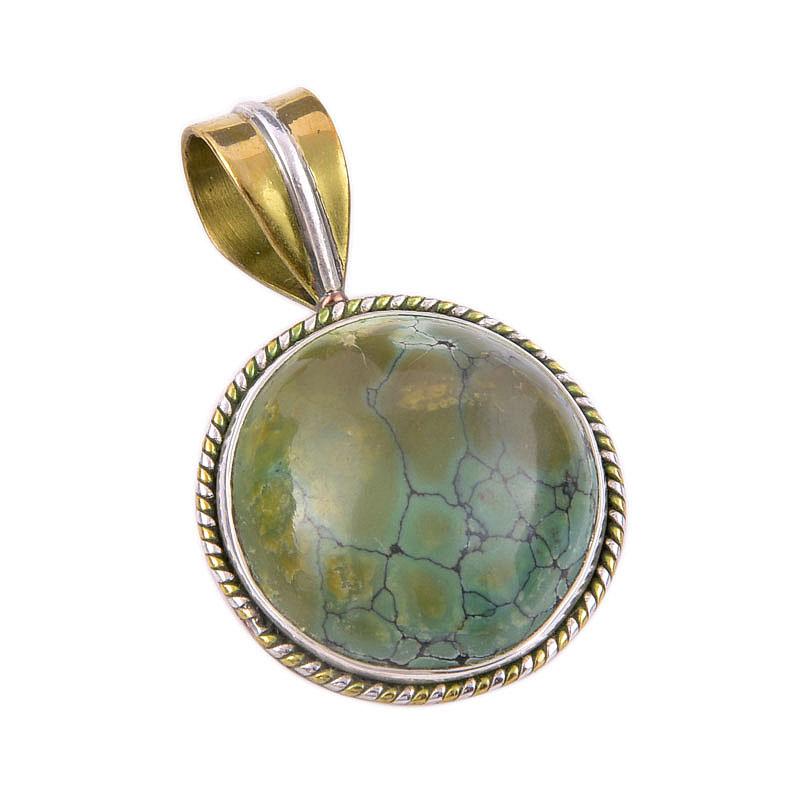 Natural Tibetan Turquoise Gemstone 925 Solid Silver Two Tone Pendant 1.25" T6n79