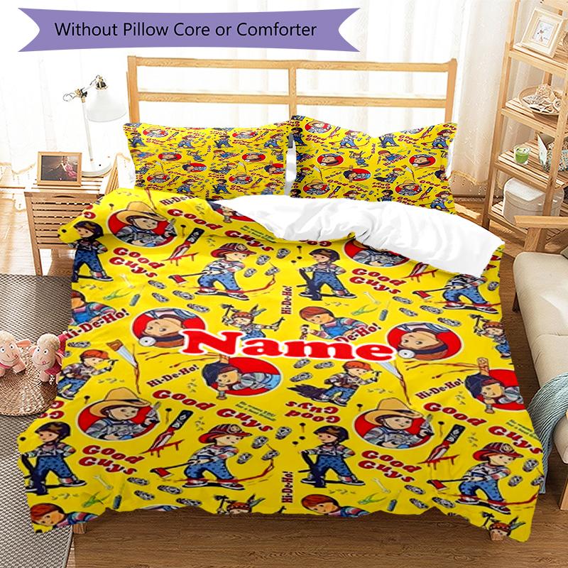 Set de lenjerie de pat Chucky cu nume personalizat 3 buc. Închidere cu fermoar pentru husa de pilotă Include 1 husă de pilotă și 2 fețe de pernă, Moale și confortabil pentru toate anotimpurile.