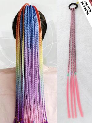 Synthetische Haarteile 20-Zoll-Pferdeschwanz Farbige Zöpfe Haarverlängerungen Mit Gummibändern Regenbogen Geflochtene Accessoires Für Frauen Party Highlights Cosplay