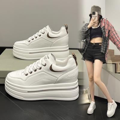 Platform White Shoes Women's 2025 New Spring Breathable Leather Inner Height Increase Women's Shoes Sports and Leisure Shoes Versatile Board Shoes