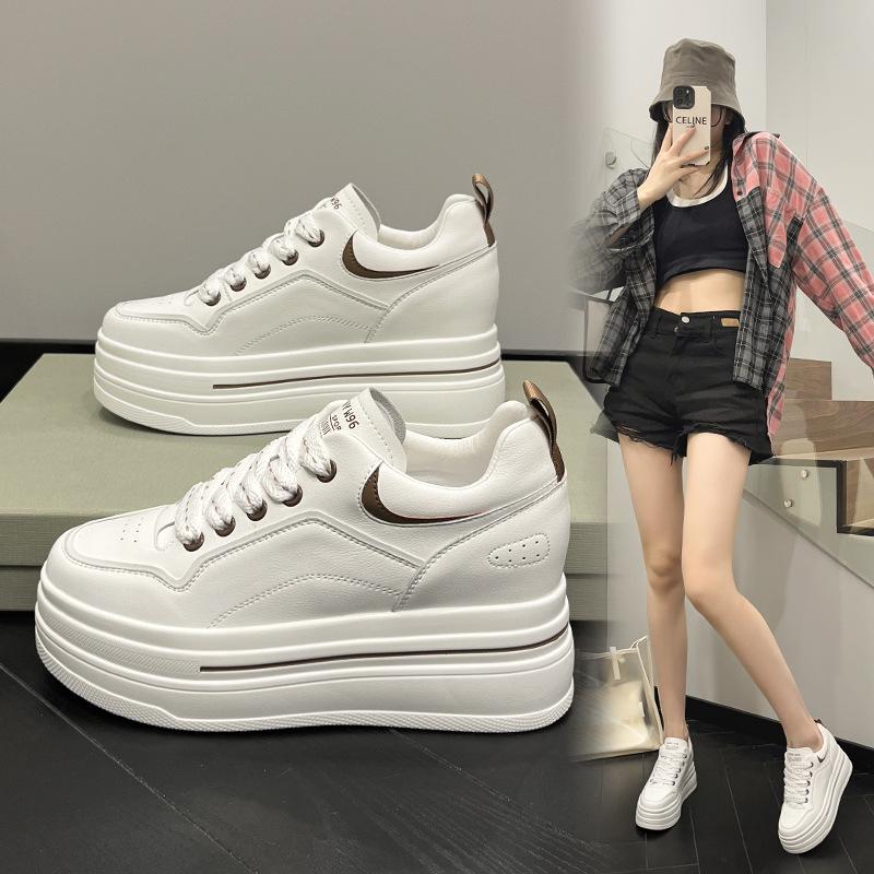 Platform white shoes women's 2025 new spring breathable leather inner height increase women's shoes sports and leisure shoes versatile board shoes