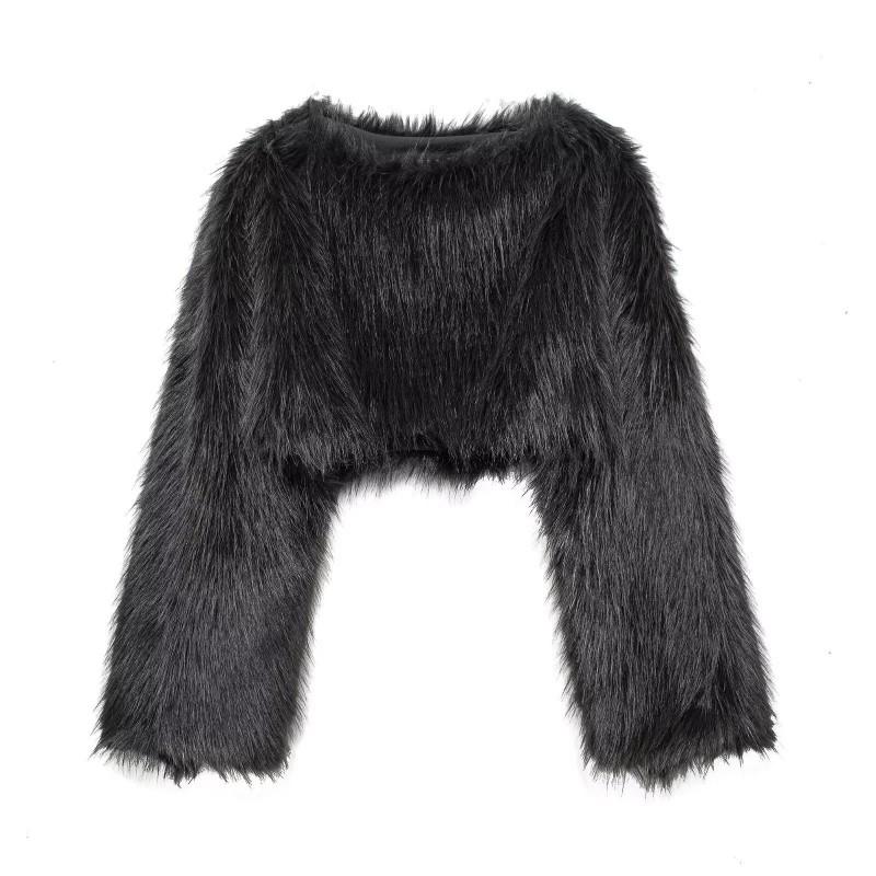 Eco-Friendly Faux Fur Short Coat Women Winter Streetwear Round Neck Long Sleeve Outerwear In Beige Black