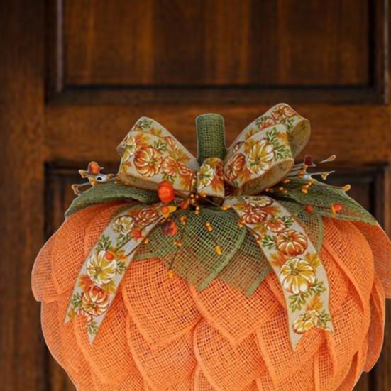 Farmhouse Pumpkin Wreath for Front Door Autumn Burlap Pumpkin Garland with Bows Berries for Fall Halloween Christmas Thanksgiving Home Porch Decor