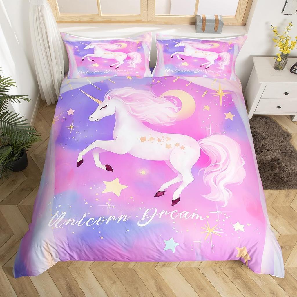 Children Kids Unicorn Soft Duvet Cover Single Quen King, Adorable Lovely Cat Carton Warm Comforter Cover featuring 2 Pilowcase Fish Scale Beding Set