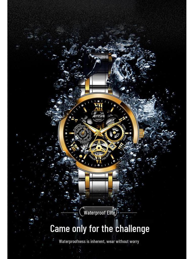 Men's Stainless Steel Waterproof Quartz Watch, Fully Automatic, Luminous, with Calendar and Steel Band