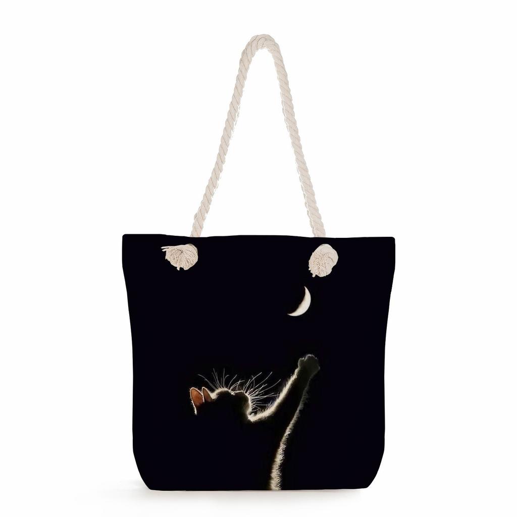 Multifunctional Cute Cat Printed Thick Rope Shoulder Beach Bag Casual Large Capacity Handbag 7608 KTB