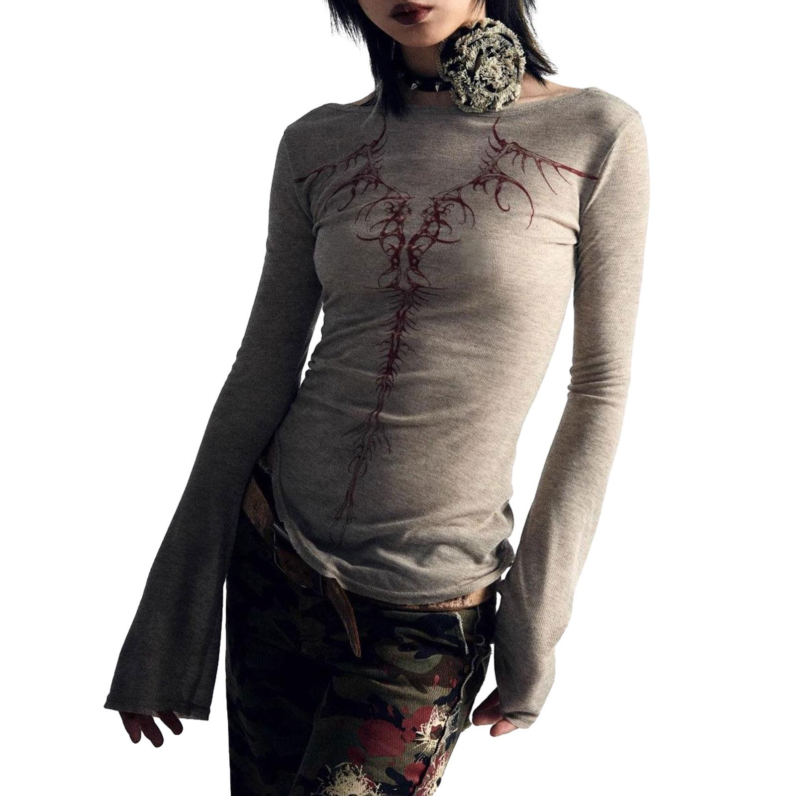 

Женские футболки с длинным рукавом, модные принты, рубашки с круглым вырезом, весна-осень, облегающие повседневные топы, уличная одежда L серый