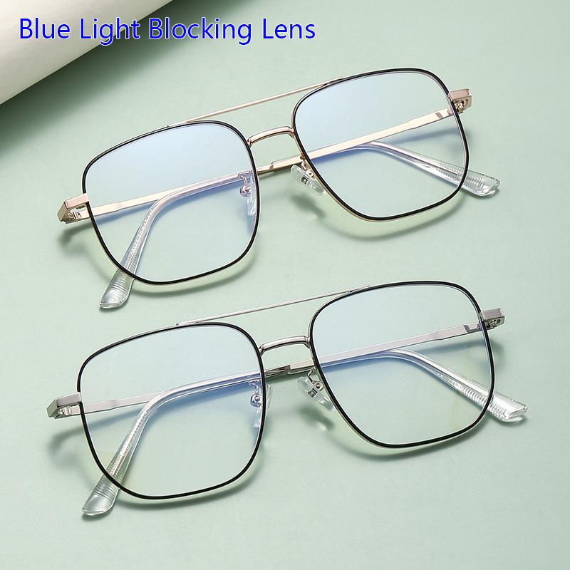 Blue Light Blocking Lens Eye Protection Eyeglasses Fashion Double Beam Metal Glasses Trend Retro Plain Face Eyewear Men