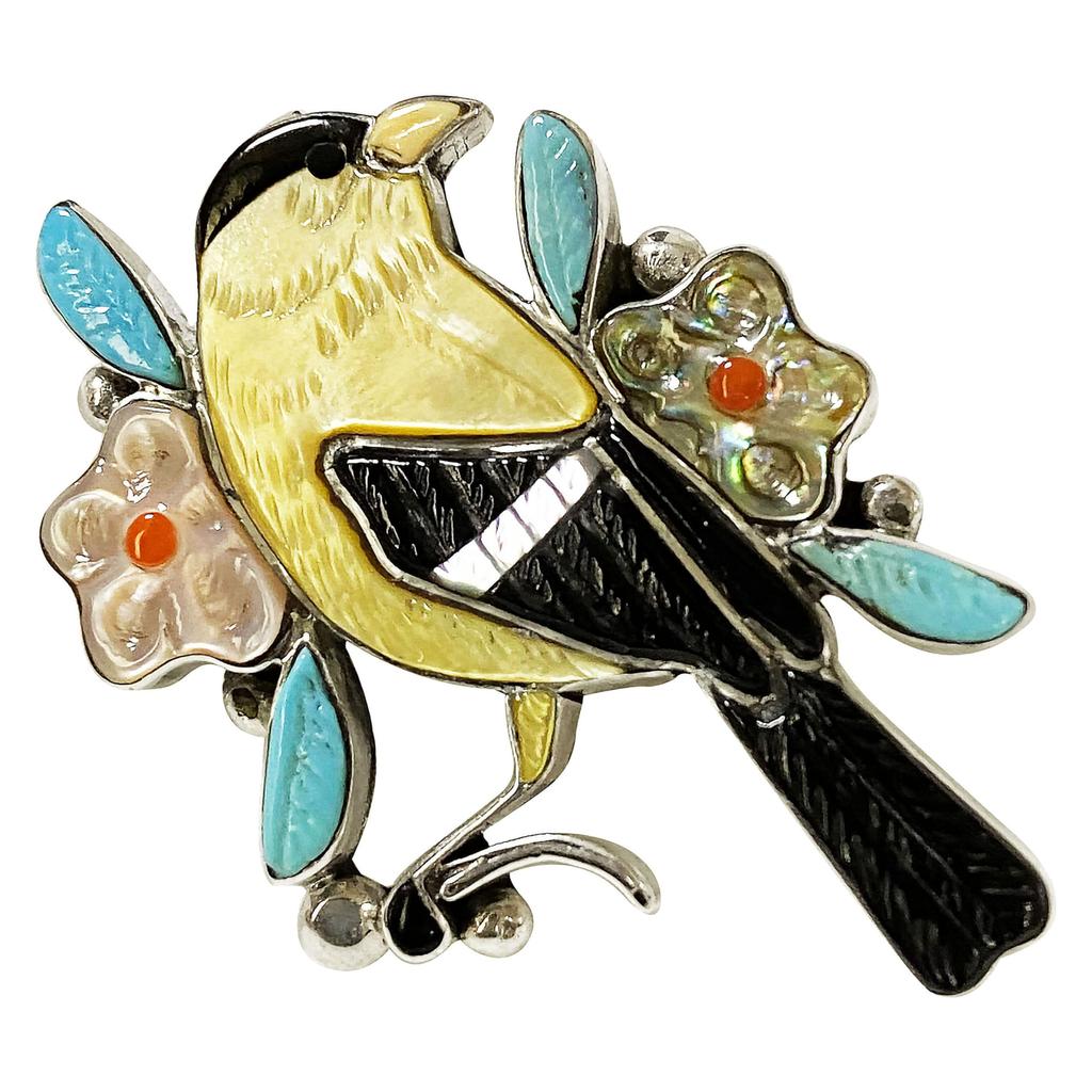 Zuni Indian Jewelry STERLING Brooch Wild Bird Parakeet Native American Inlay Artist ZUNI Writer Turquoise Shell Inlay Shawl Pin Badge Bird