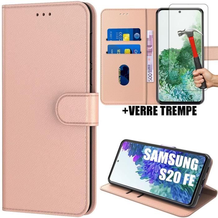 Coque - PROSHOP - pour Samsung S20 FE - Rose - Anti Rayure - Cuir Synthétique - 2 Verres Trempés