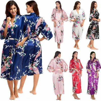 Women's  Simulation Silk Bathrobe Ladies Printed Peacock Long Nightgown Pajamas  Summer Short-sleeved
