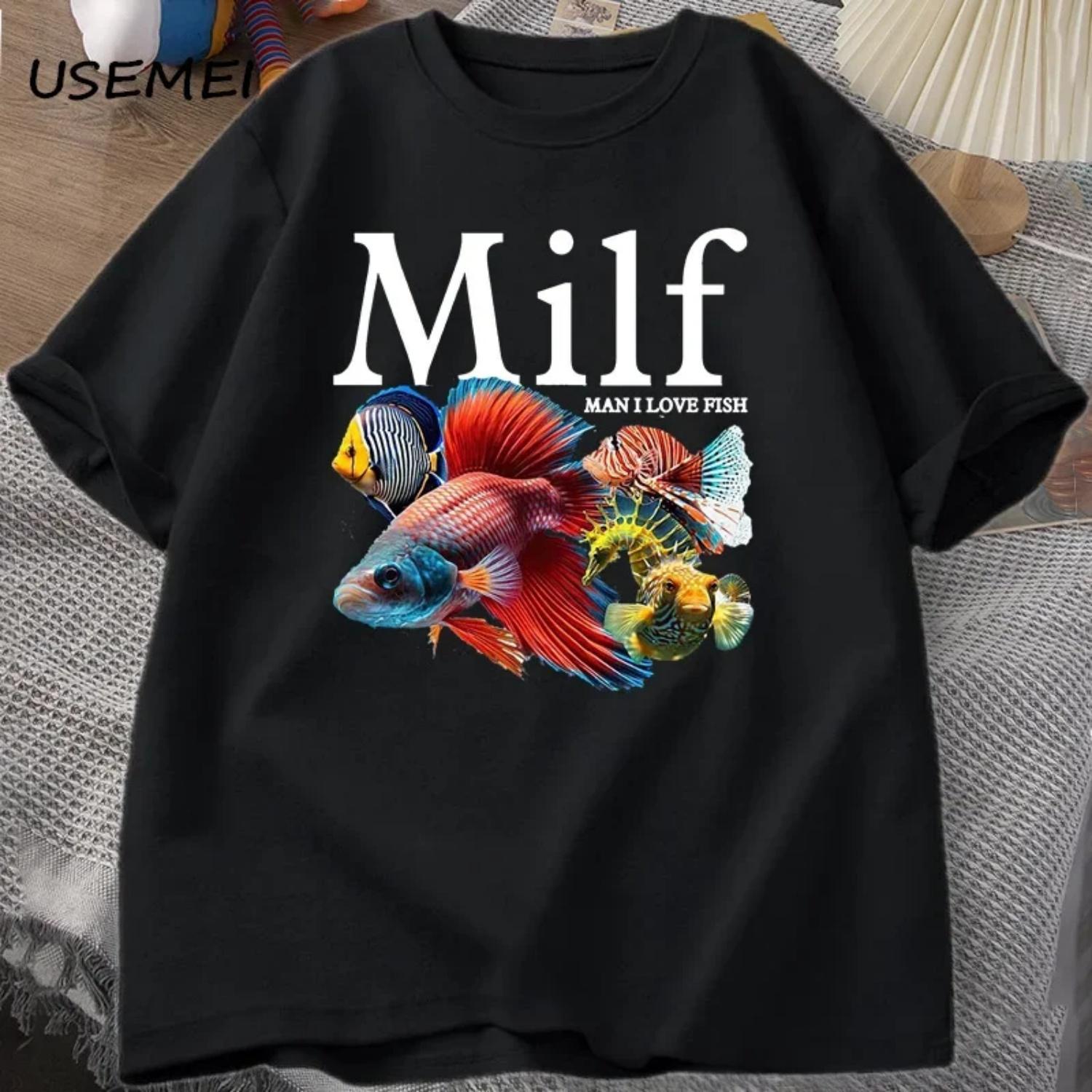 I Love Fish MILF TShirt Funny Fish WomesT-Shirt Fisherman T-Shirt Harajuku Street Top Fitness Streetwear S чёрный