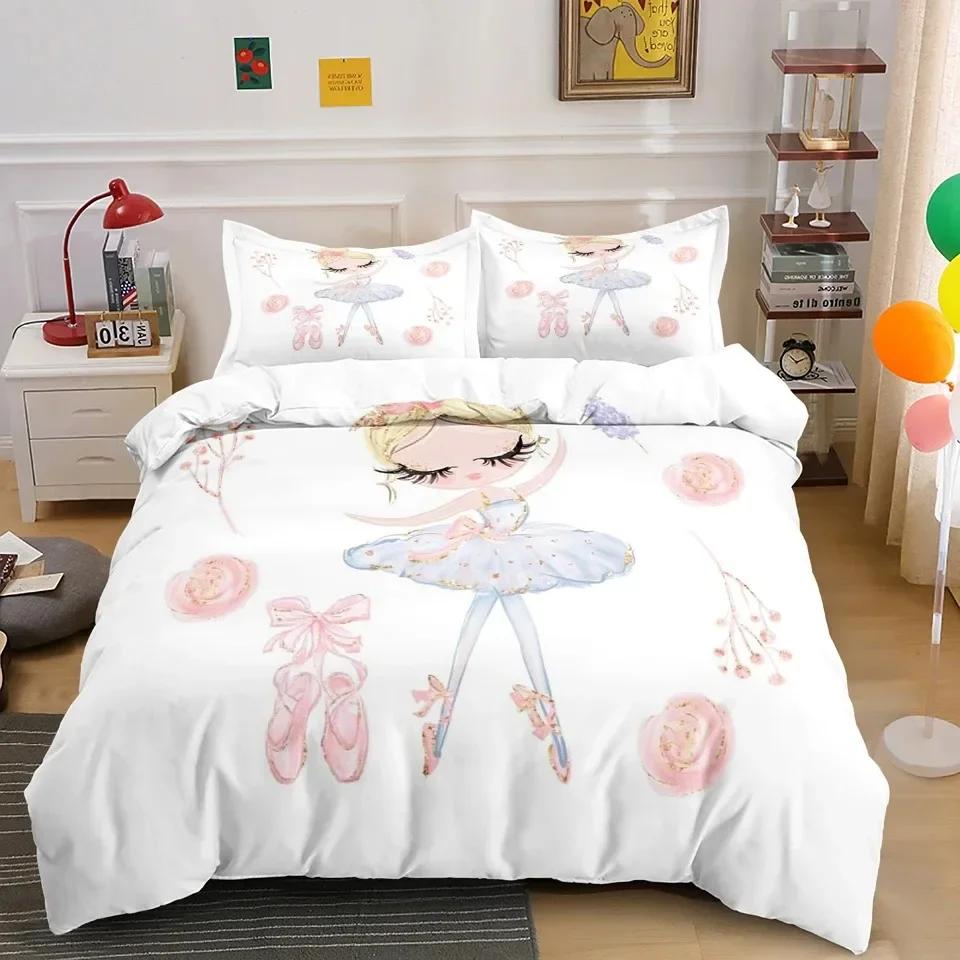 Ballet Dancer Girl Cartoon Dancing Comfortable Duvet Quilt Cover Pillowcase Bedding Set Children Bedroom Decoration Home Textile