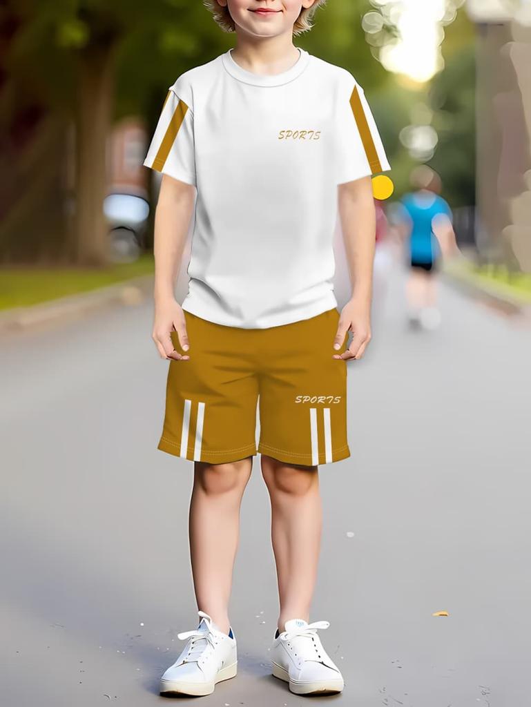 2026 Sommer Lässige Jungen T-Shirts Sets Rundhals Paris Buchstabe 3D Gedruckte Shorts Sport Zweiteiliges Anzug Outdoor Kinderkleidung