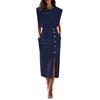 Fashion Girly Solid Color Crew Neck Ruched Hem Metal Button Summer Dress for Women