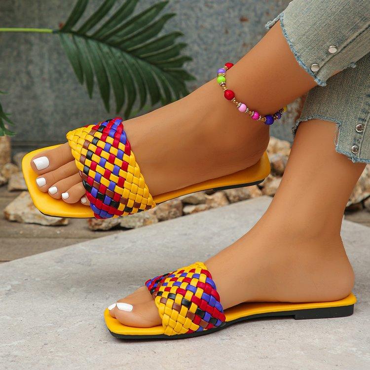 

Fashion Women Slippers Summer Fashion Beach Mules Casual Indoor Home Slippers Selling Sexy Braided Square Toe Flat Sandals Slides Women 36 жёлтый