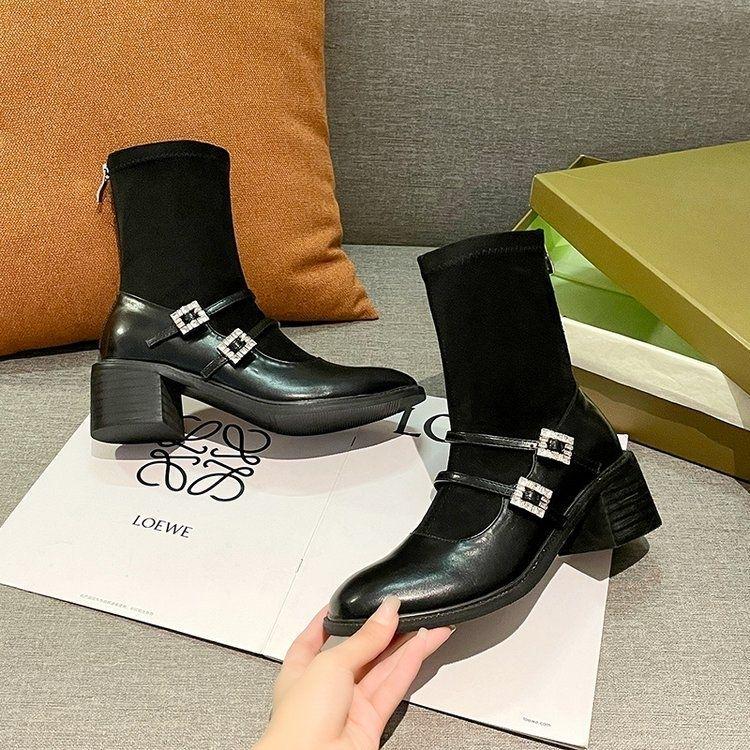 2025 Rhinestone Retro Chunky Heel Elastic Sock Boots, 5cm High, Black Mary Janes for Men