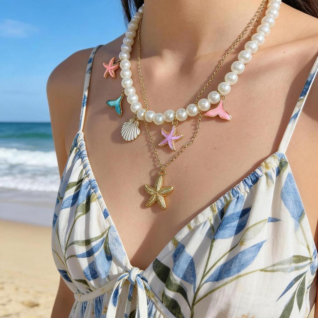 Vintage Vacation Style Starfish Shell Conch Necklace Niche Multi-Layer Stacked Collarbone Chain Spice Girl Neck Chain Accessories