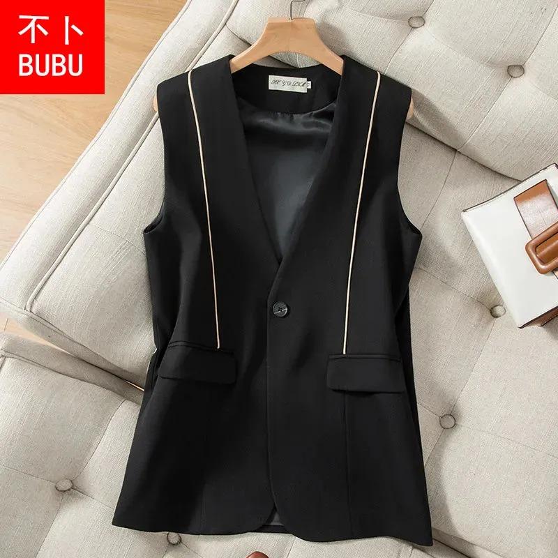 Women Black V Neck Sleeveless Blazer Vest Contrast Stitch Casual Waistcoat M чёрный