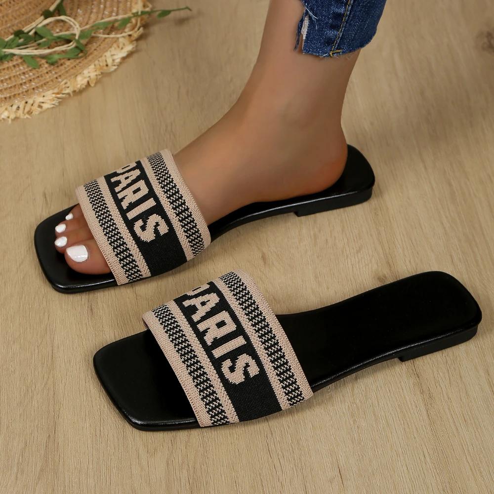 

Luxury Design Women Letters Summer Flat Heels Slippers Women Outdoor Trend Ladies Slides Woman Glitter Female Beach Slippers 36 миндальный