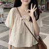 Thin French Style Short Sleeved Shirt for Women In Summer Loose Artistic Square Neck Bubble Sleeve Short Top