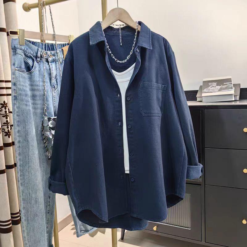 Off-white cotton thickened shirt women's spring and autumn new Korean version casual loose top medium and long tooling shirt
