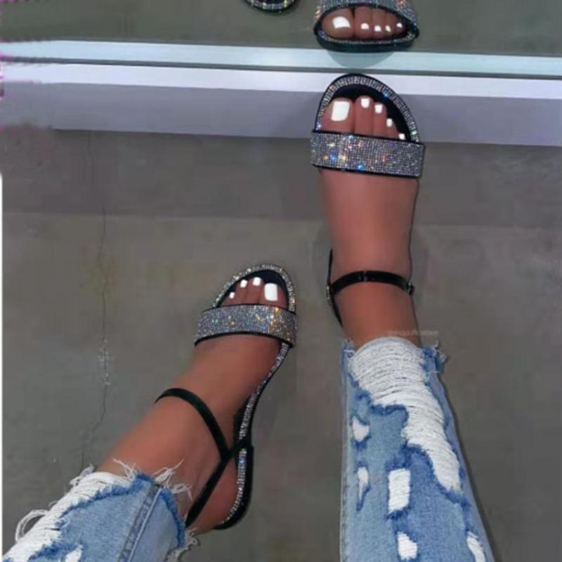 Large size sandals women's summer new European and American large size flat-bottomed open-toe one-word buckle rhinestone women