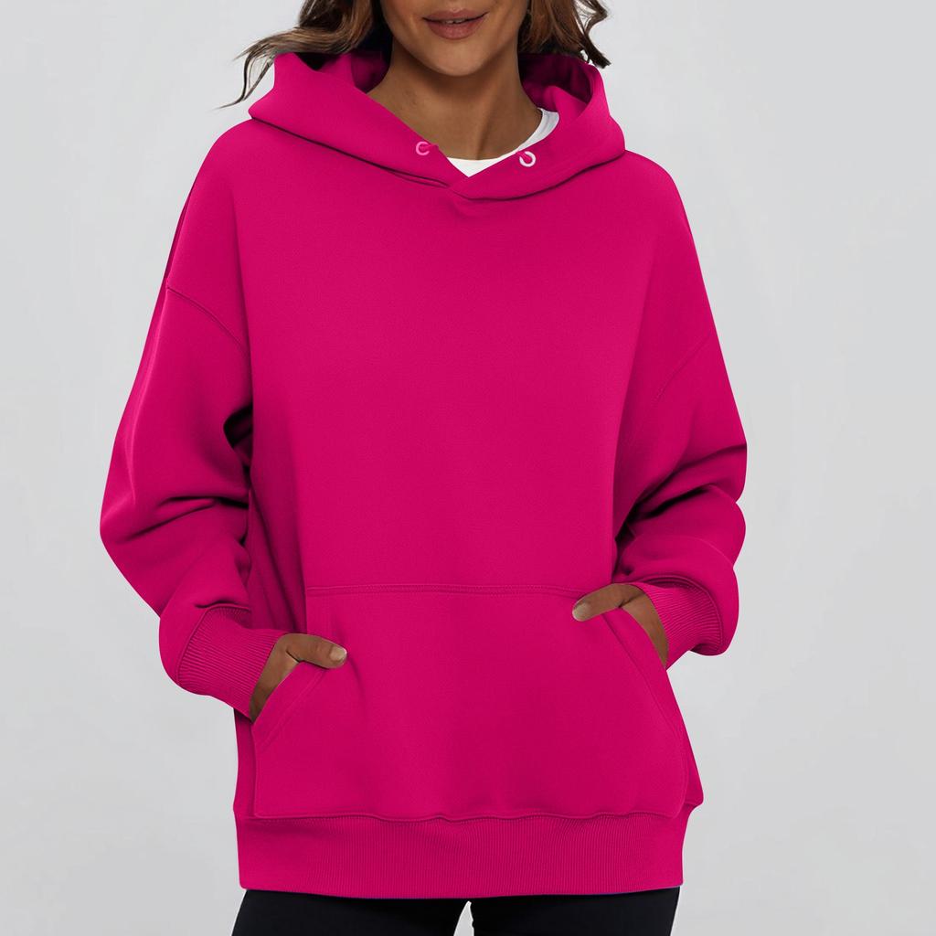 Ladies' Fashionable Solid Color Casual Hooded Pocket Long Sleeved Top
