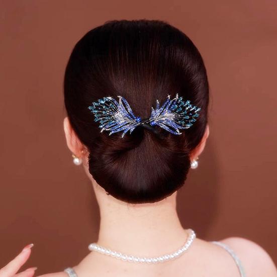 Hair Bun Pin, Blue Feather Decor Bun Maker Hairpin, Metal Construction Hair Accessory for Work Gym Dance Formal Events