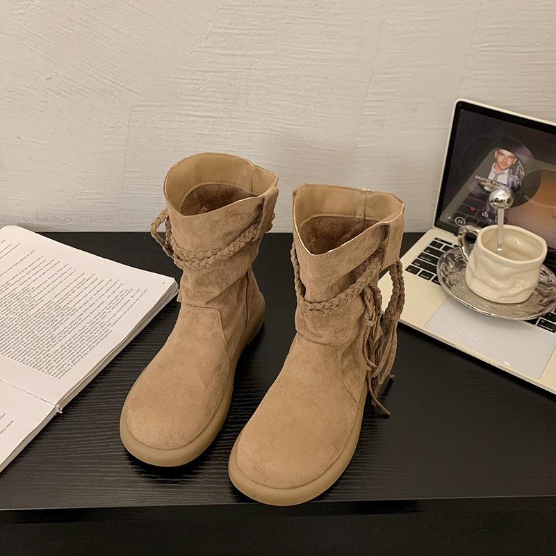 

2025 spring and autumn woven rope fringed boots retro wasteland wind foreign gas boots pleated pile fashionable medium boots 40 хаки