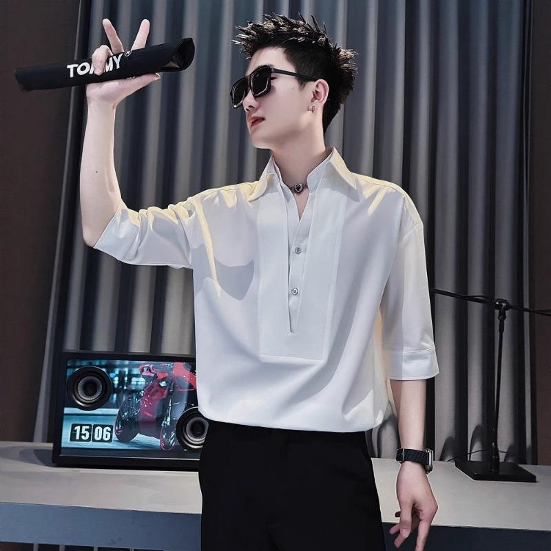 Men Casual Loose Solid Color Five Quarter Sleeve Ice Silk Turn Down Collar Shirt M белый