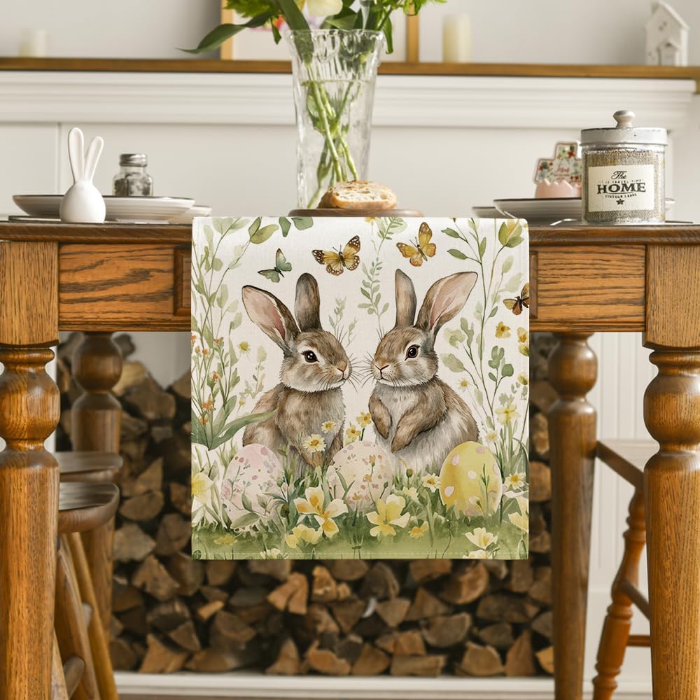 Osterhase Eier Schmetterling Floral Leinen Tischläufer Feiertagsparty Deko Frühling Küche Esstisch Läufer Osterdekorationen