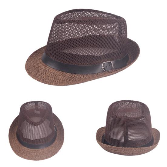 Herren Fedora Breiter Rand Netz Frühling Sommer Einfarbige Flache Krempe Sonnenschutzhut für Draußen