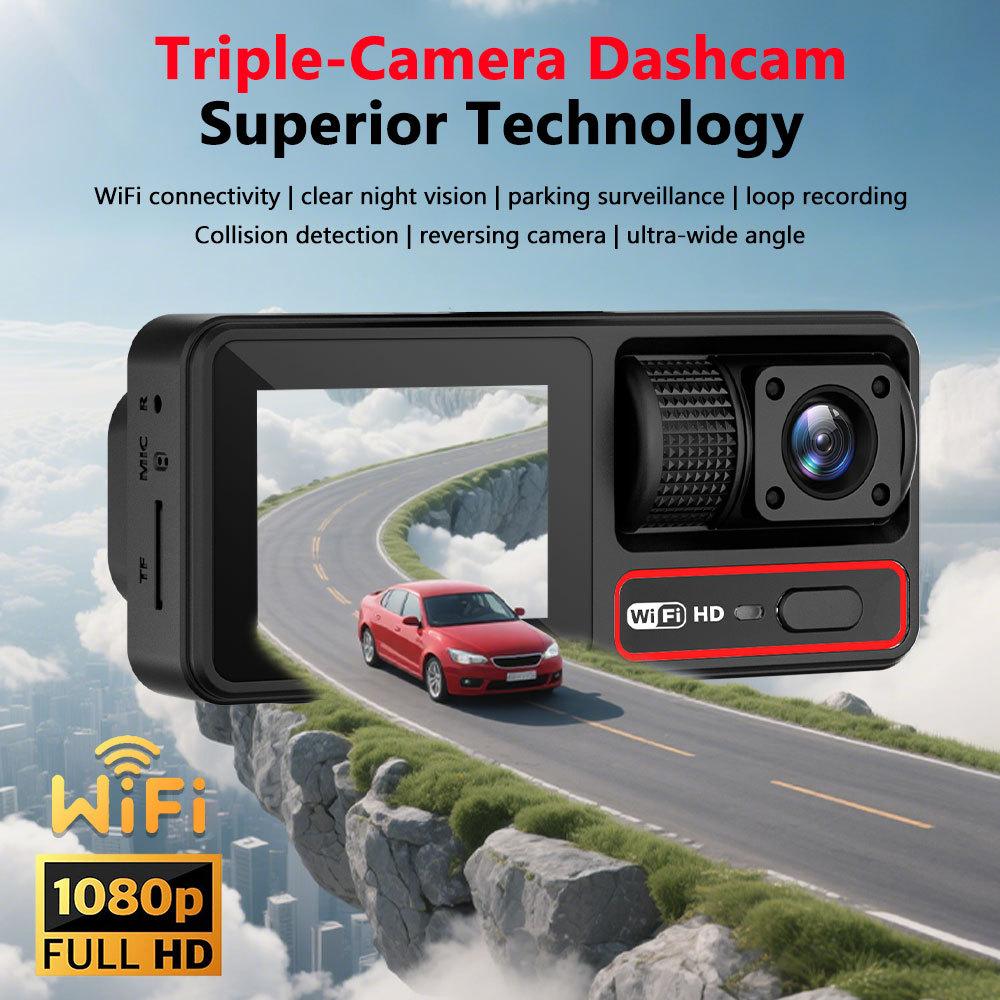 3-Lens Dash Cam, 3-Channel Recording, WiFi, HD, Phone Sync