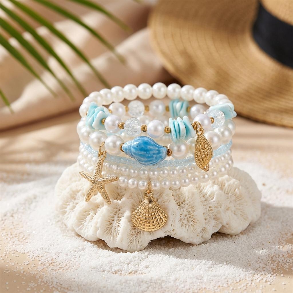 Mermaidcore Aesthetic Blue Shell Pearl Bracelet Set for Women Y2K Trendy Summer Beach Gold Color Starfish Charm Boho Jewelry