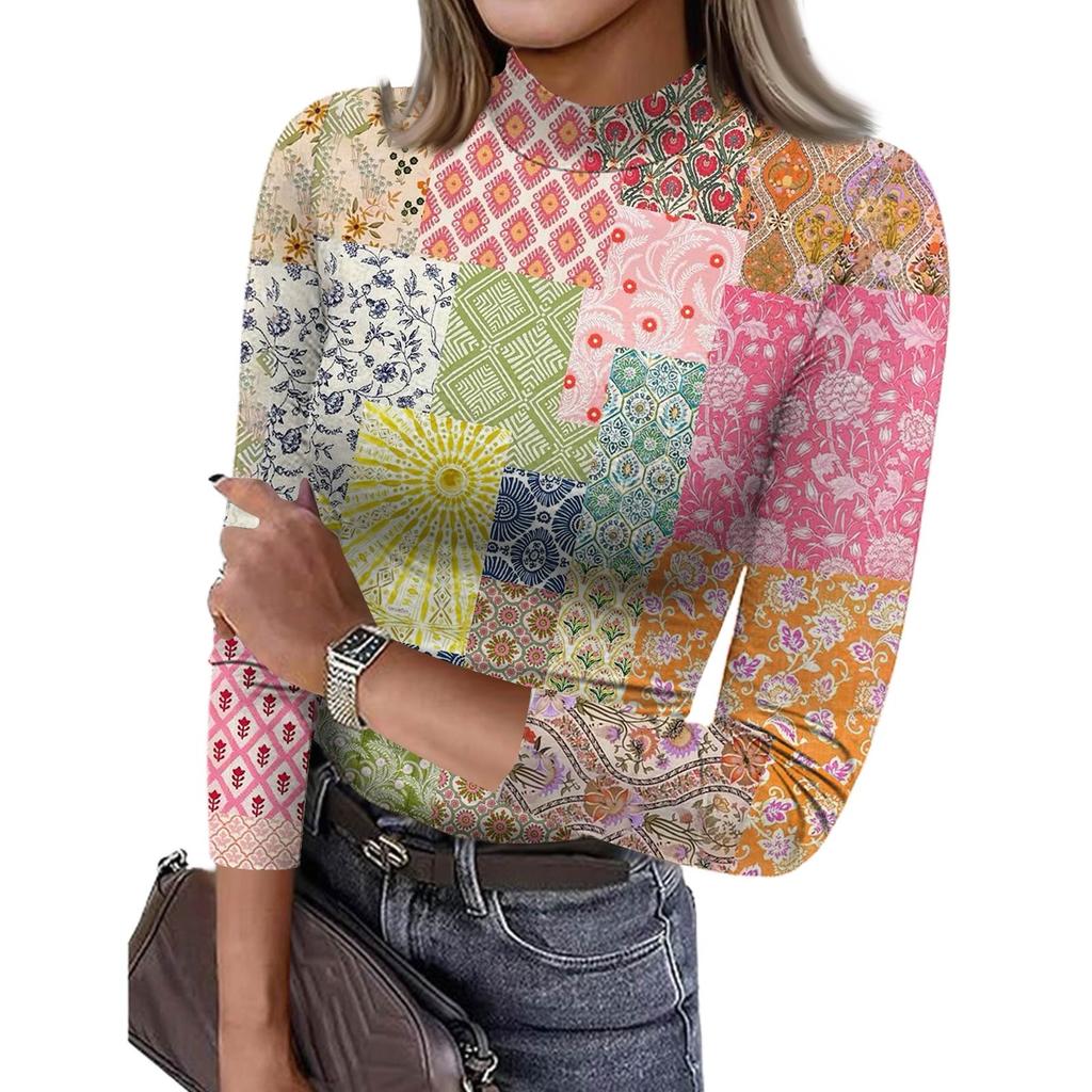 Damen Slim Bottom T-Shirt Mode Lässig Farbverlauf Druck Rundhals Pullover 3/4 Ärmel Top