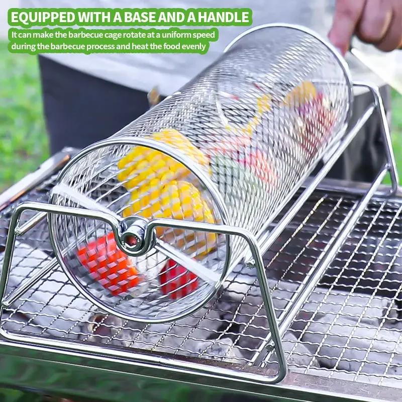 Stainless Steel BBQ Grill Rotisserie Basket, Rolling Mesh Cage for Chicken Roaster, Outdoor Camping Cooking Accessories