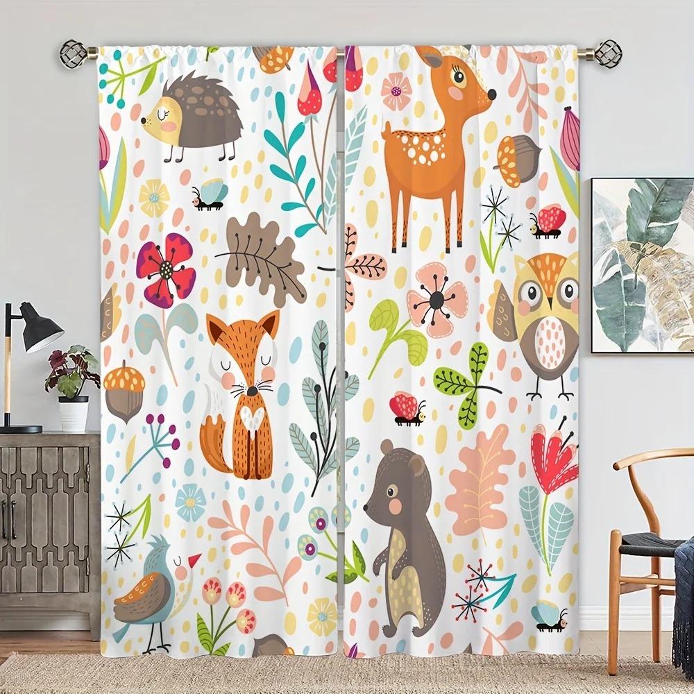 2pcs Cartoon Animal Fox Lion Giraffe Jungle Print Curtain For Bedroom Office Kitchen Blinds Living Room Floor Window Home Decor