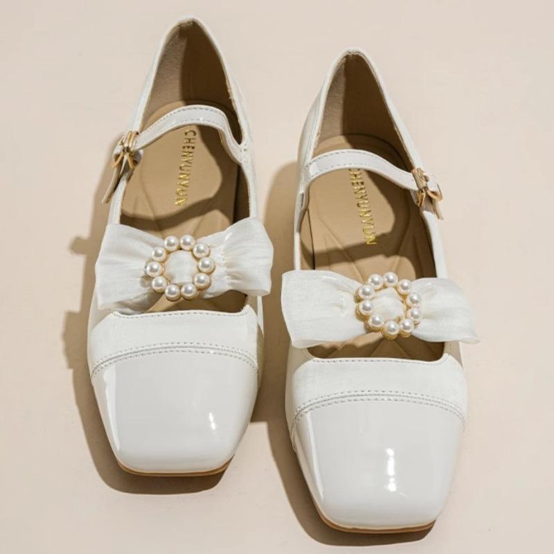 Spring New Coarse Heel Single Shoes Women's Square Head Shallow Mouth Butterfly Knot Non-slip Low Top Shoes