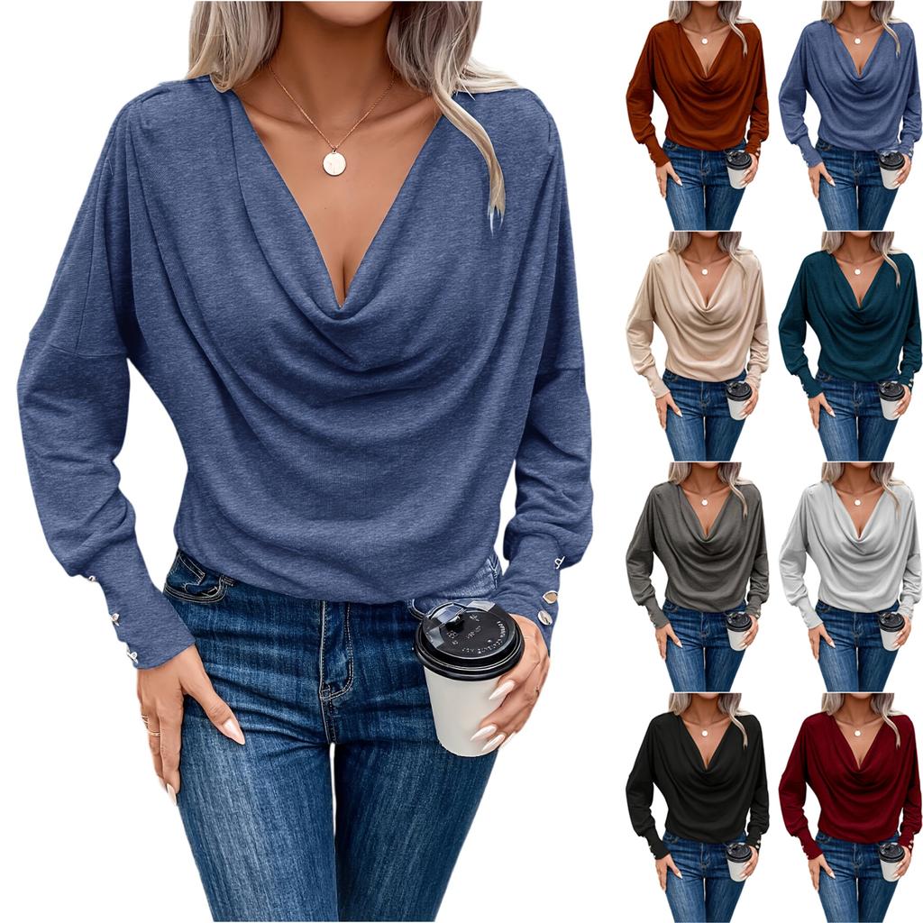 Women's Fashion Solid Color V-neck Long Sleeved Casual Pullover Base Shirt T-shirt Top