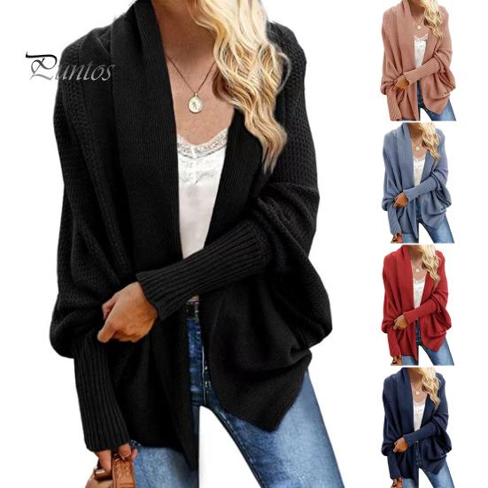 Dámský kardiganový kabát bez límce s netopýřími rukávy a dlouhým rukávem, otevřený vpředu, pletený kabát, elastické manžety, jednobarevný, volný střih, pletený kardigan